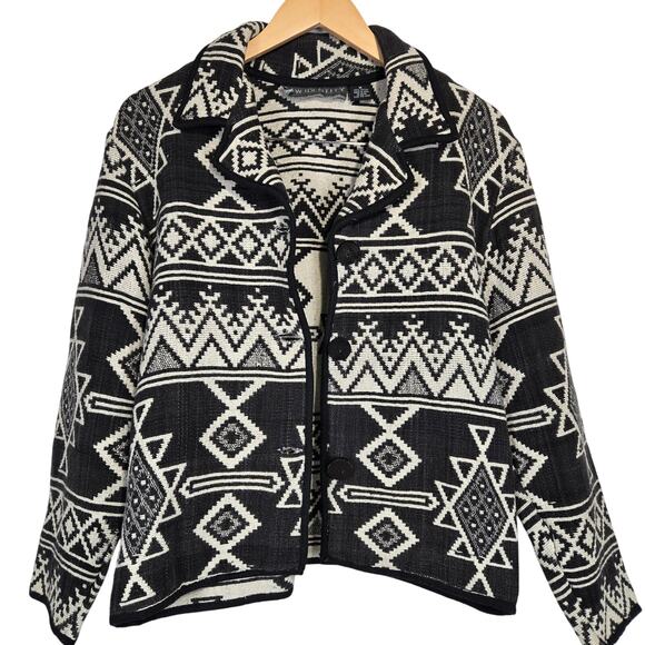 NEW IDENTITY Womens Geometric Print Jacket Black White Cotton Size M Tapestry - Picture 3 of 9